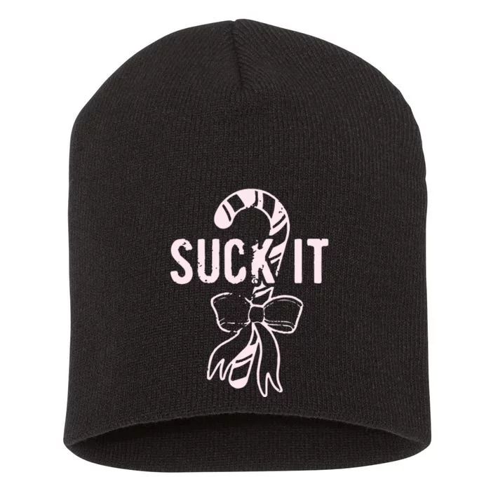 Suck It Funny Christmas Candy Cane Short Acrylic Beanie