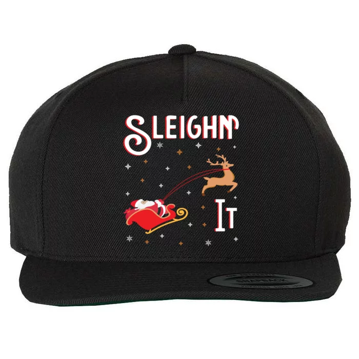 Sleighin It Funny Christmas Pun Sleighing Santa Sleigh Xmas Gift Wool Snapback Cap