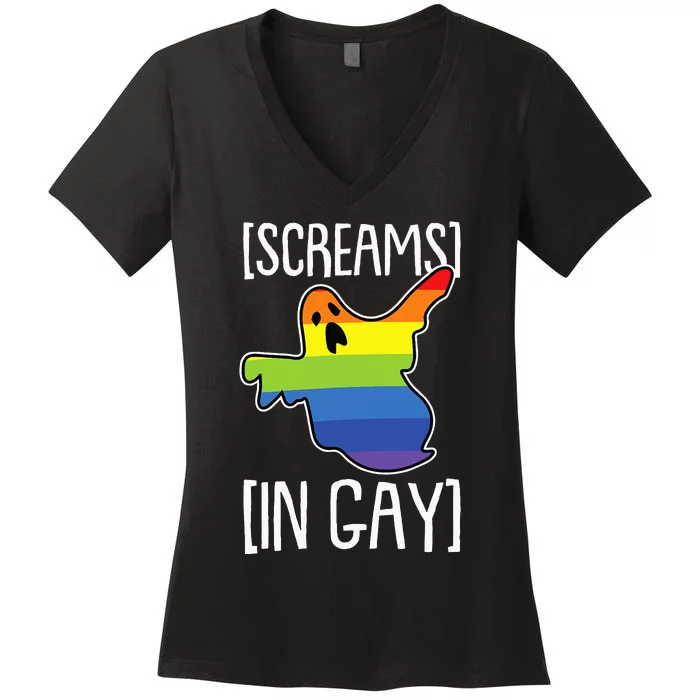 Screams In Gay Lazy Halloween Costume Funny LGBT Q Ghost Boo Women's V-Neck T-Shirt