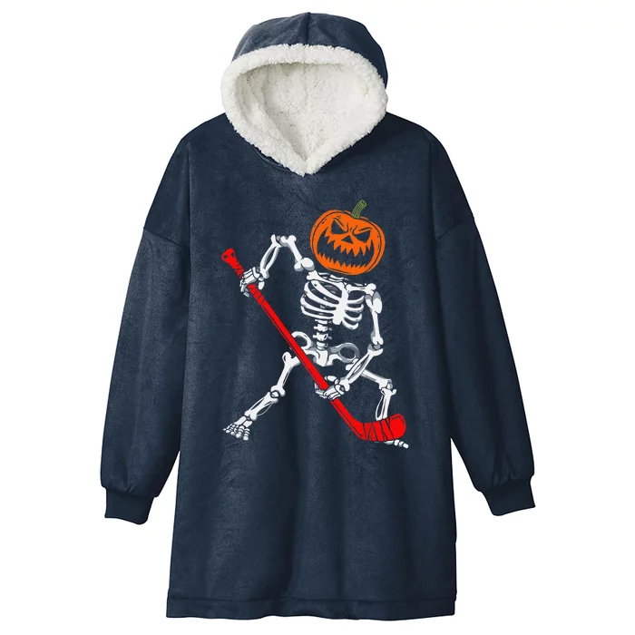 Skeleton Ice Hockey Halloween Pumpkin Hockey Funny Hooded Wearable Blanket