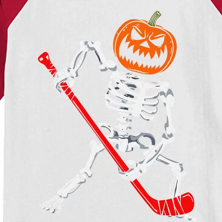 Skeleton Ice Hockey Halloween Pumpkin Hockey Funny Kids Colorblock Raglan Jersey