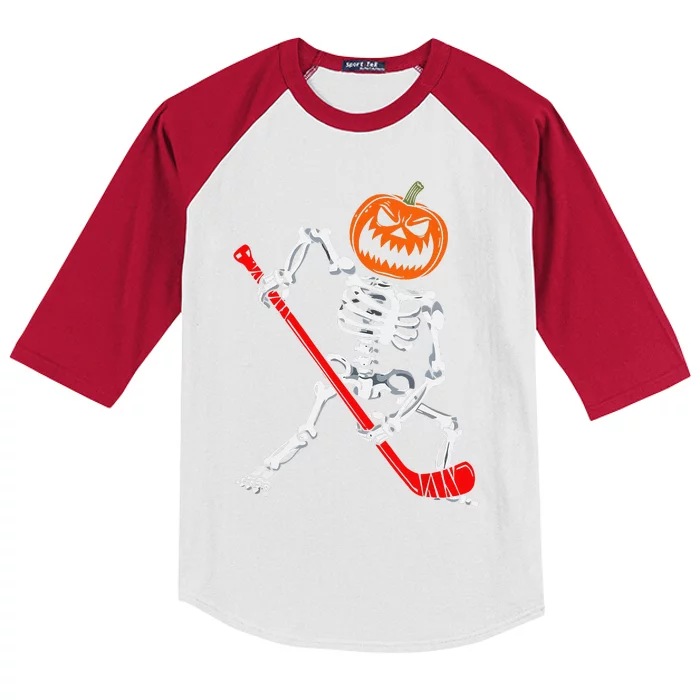 Skeleton Ice Hockey Halloween Pumpkin Hockey Funny Kids Colorblock Raglan Jersey