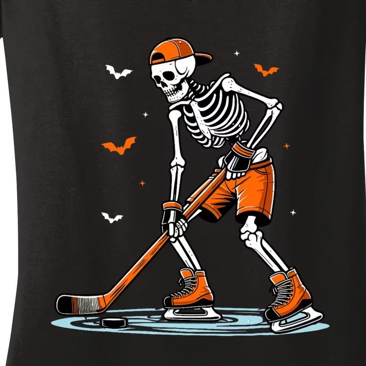 Skeleton Ice Hockey Halloween Funny Halloween Hockey Women's V-Neck T-Shirt