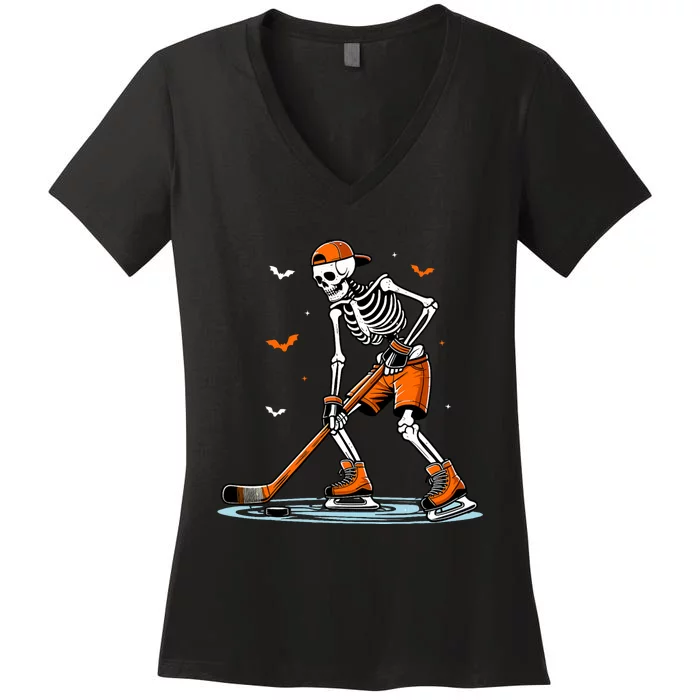 Skeleton Ice Hockey Halloween Funny Halloween Hockey Women's V-Neck T-Shirt