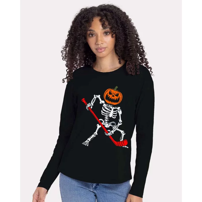 Skeleton Ice Hockey Halloween Pumpkin Hockey Womens Cotton Relaxed Long Sleeve T-Shirt