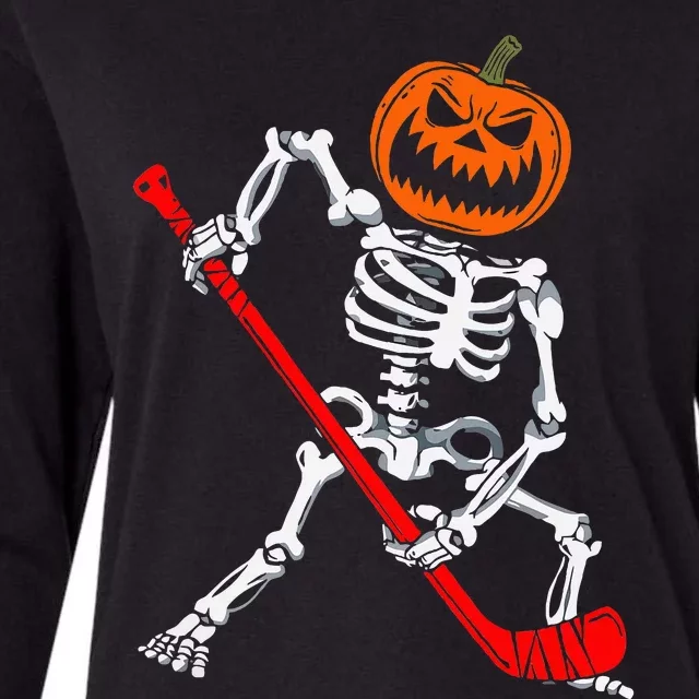 Skeleton Ice Hockey Halloween Pumpkin Hockey Womens Cotton Relaxed Long Sleeve T-Shirt