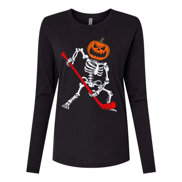 Skeleton Ice Hockey Halloween Pumpkin Hockey Womens Cotton Relaxed Long Sleeve T-Shirt