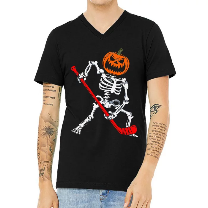 Skeleton Ice Hockey Halloween Pumpkin Hockey V-Neck T-Shirt