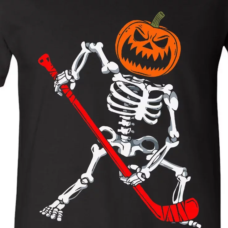 Skeleton Ice Hockey Halloween Pumpkin Hockey V-Neck T-Shirt