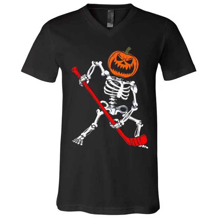 Skeleton Ice Hockey Halloween Pumpkin Hockey V-Neck T-Shirt