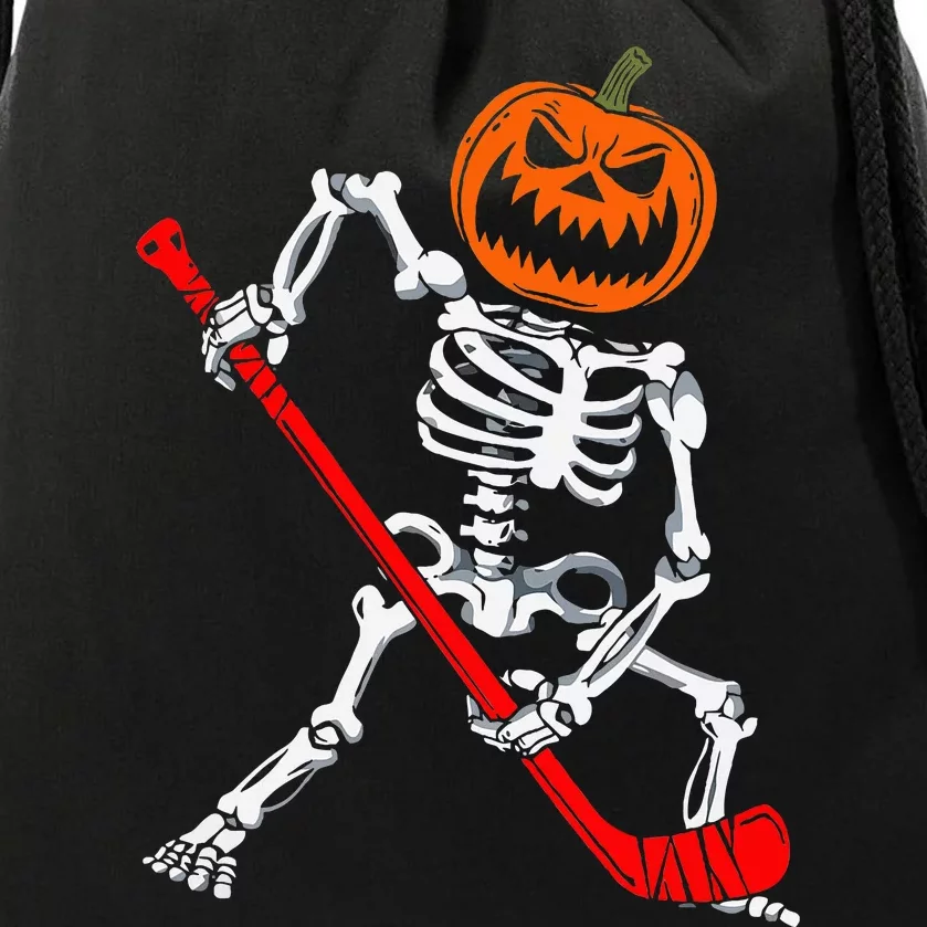 Skeleton Ice Hockey Halloween Pumpkin Hockey Drawstring Bag