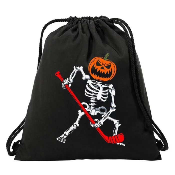 Skeleton Ice Hockey Halloween Pumpkin Hockey Drawstring Bag