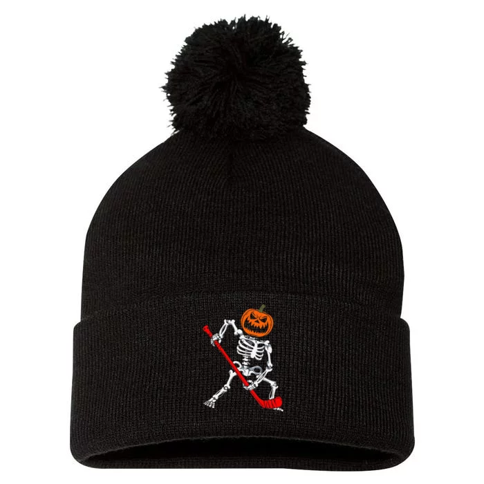 Skeleton Ice Hockey Halloween Pumpkin Hockey Pom Pom 12in Knit Beanie