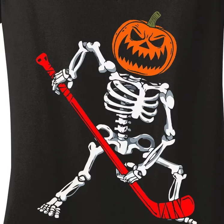 Skeleton Ice Hockey Halloween Pumpkin Hockey Women's V-Neck T-Shirt