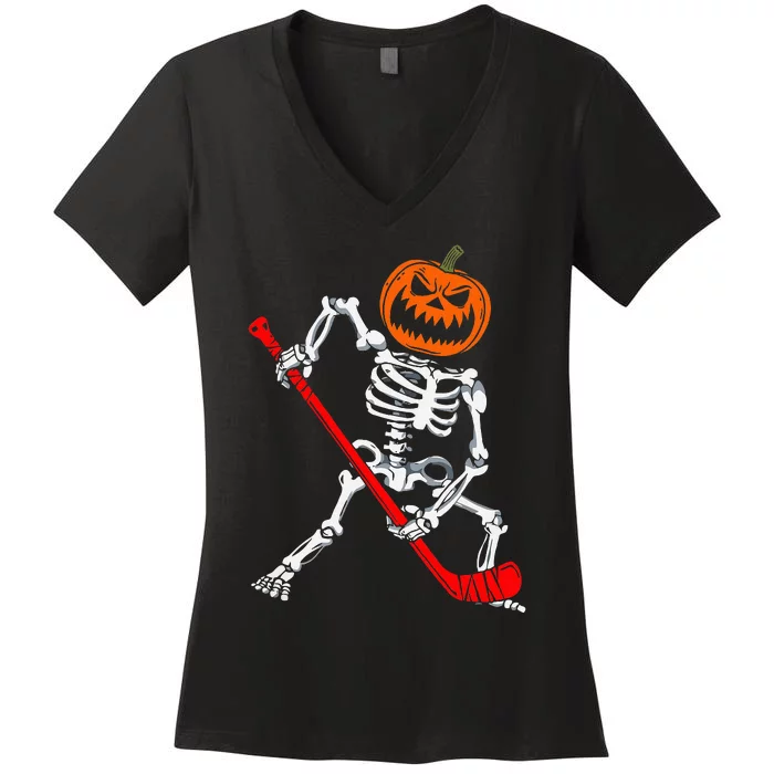 Skeleton Ice Hockey Halloween Pumpkin Hockey Women's V-Neck T-Shirt