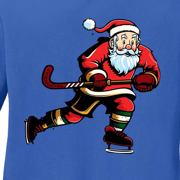 Santa Ice Hockey Lover Player Christmas Gift Ladies Long Sleeve Shirt