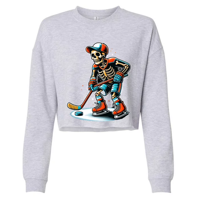 Skeleton Ice Hockey Halloween Pumpkin Hockey Funny Gift Cropped Pullover Crew