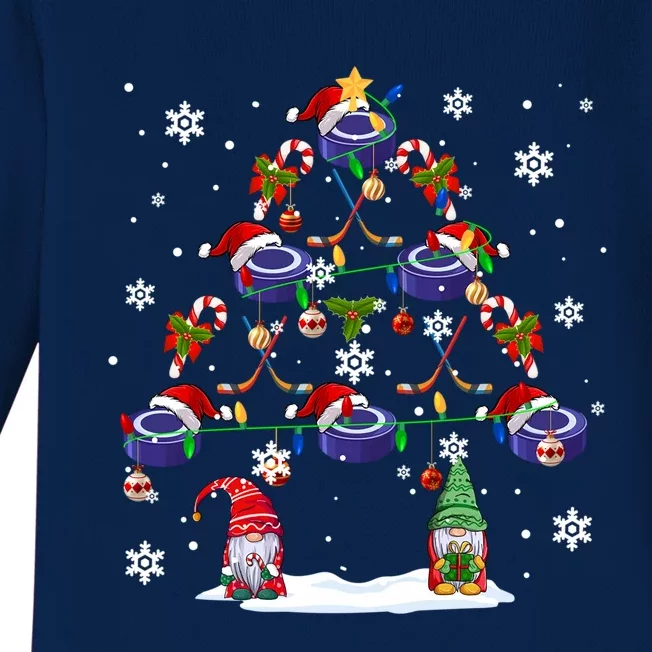 Santa Ice Hockey Tools With Gnomes As Xmas Tree Funny Player Cute Gift Baby Long Sleeve Bodysuit