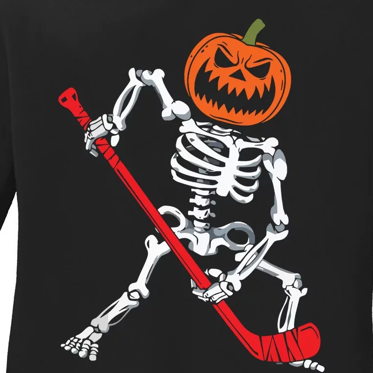 Skeleton Ice Hockey Halloween Pumpkin Hockey Boy Ladies Long Sleeve Shirt