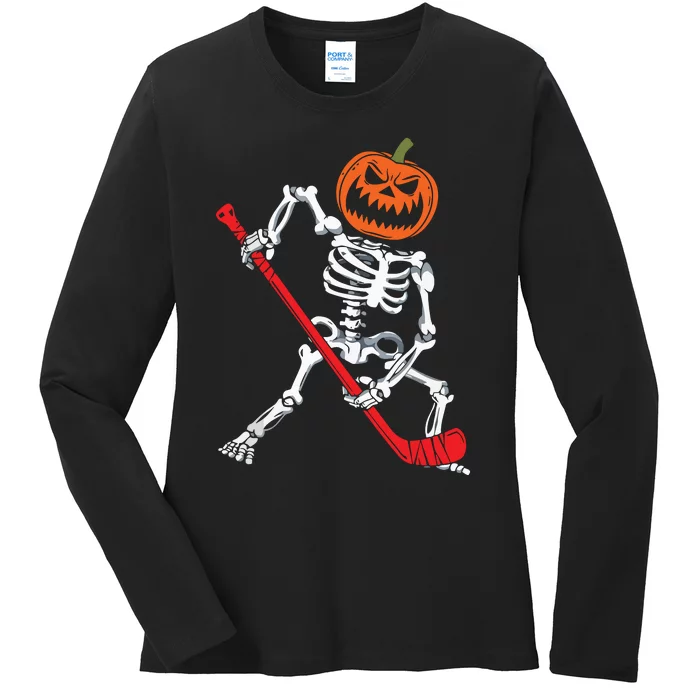 Skeleton Ice Hockey Halloween Pumpkin Hockey Boy Ladies Long Sleeve Shirt