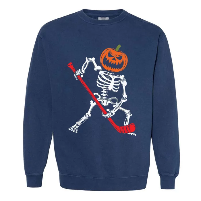 Skeleton Ice Hockey Halloween Pumpkin Hockey Boy Garment-Dyed Sweatshirt