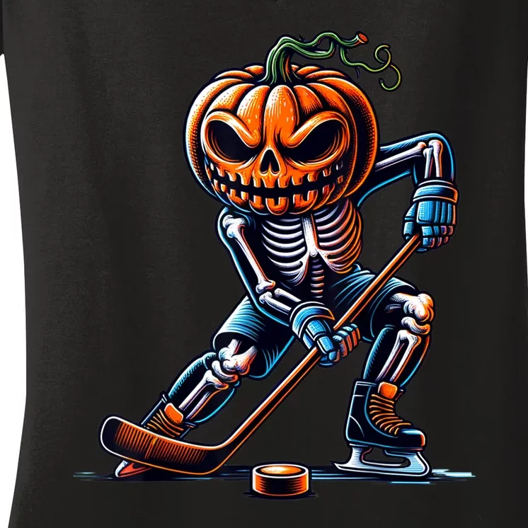 Skeleton Ice Hockey Funny Halloween Pumpkin Hockey Women's V-Neck T-Shirt