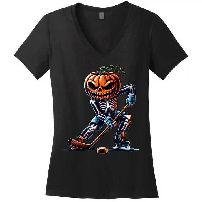 Skeleton Ice Hockey Funny Halloween Pumpkin Hockey Women's V-Neck T-Shirt