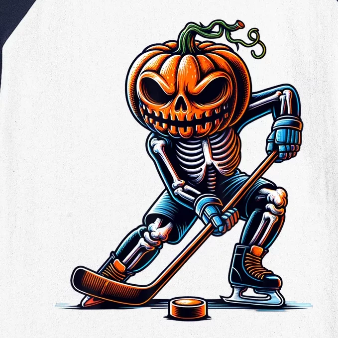 Skeleton Ice Hockey Funny Halloween Pumpkin Hockey Baseball Sleeve Shirt