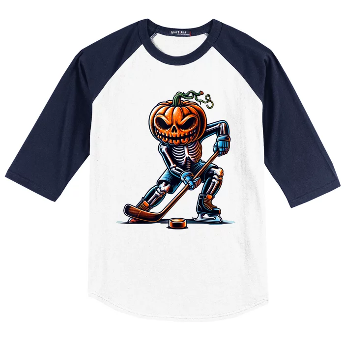 Skeleton Ice Hockey Funny Halloween Pumpkin Hockey Baseball Sleeve Shirt