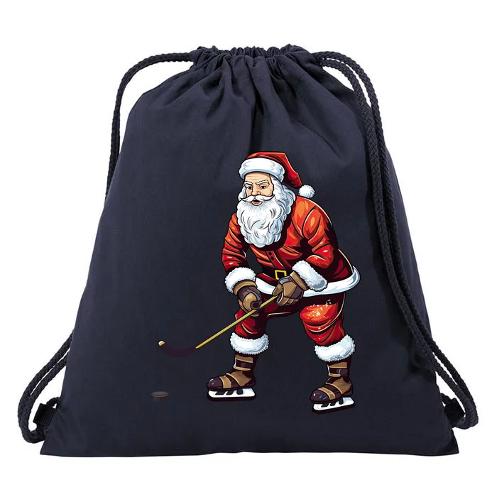 Santa Ice Hockey Santa Claus Playing Ice Hockey Xmas Funny Gift Drawstring Bag