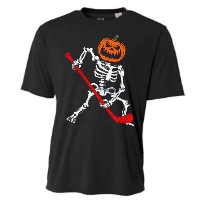 Skeleton Ice Hockey Halloween Pumpkin Hockey Cooling Performance Crew T-Shirt