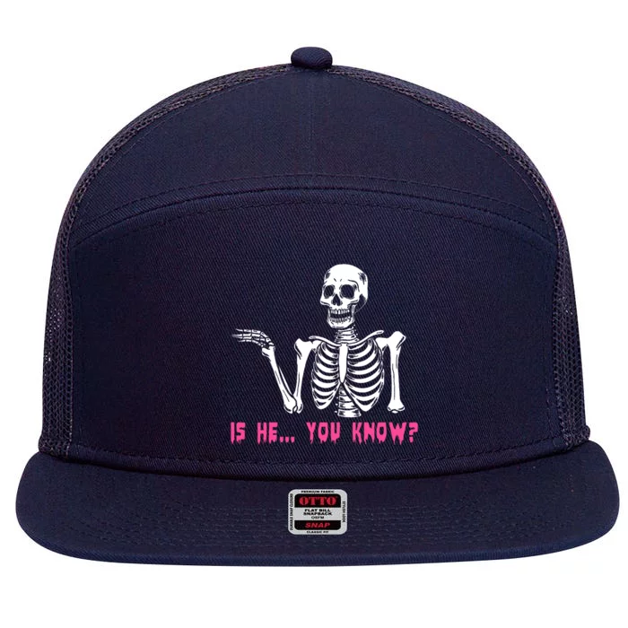 Skeleton Is He You Know Meme 7 Panel Mesh Trucker Snapback Hat