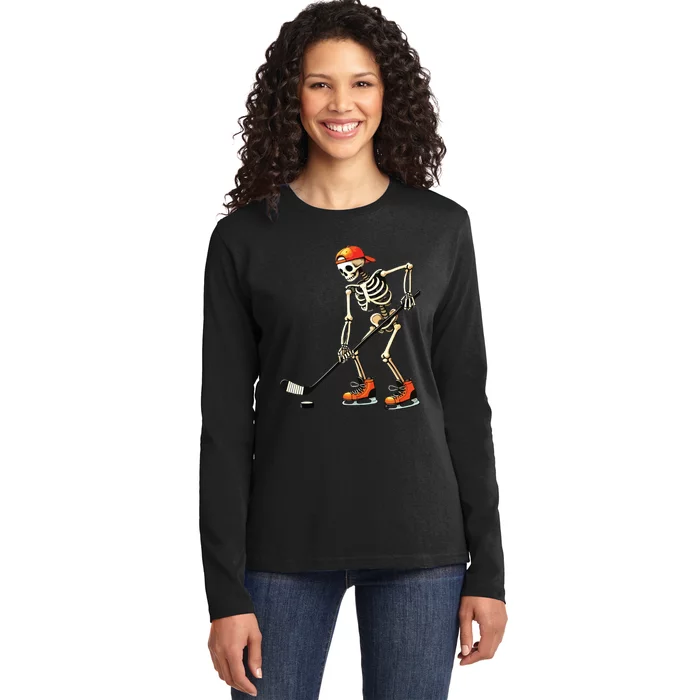 Skeleton Ice Hockey Halloween Ladies Long Sleeve Shirt