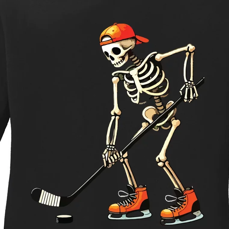 Skeleton Ice Hockey Halloween Ladies Long Sleeve Shirt