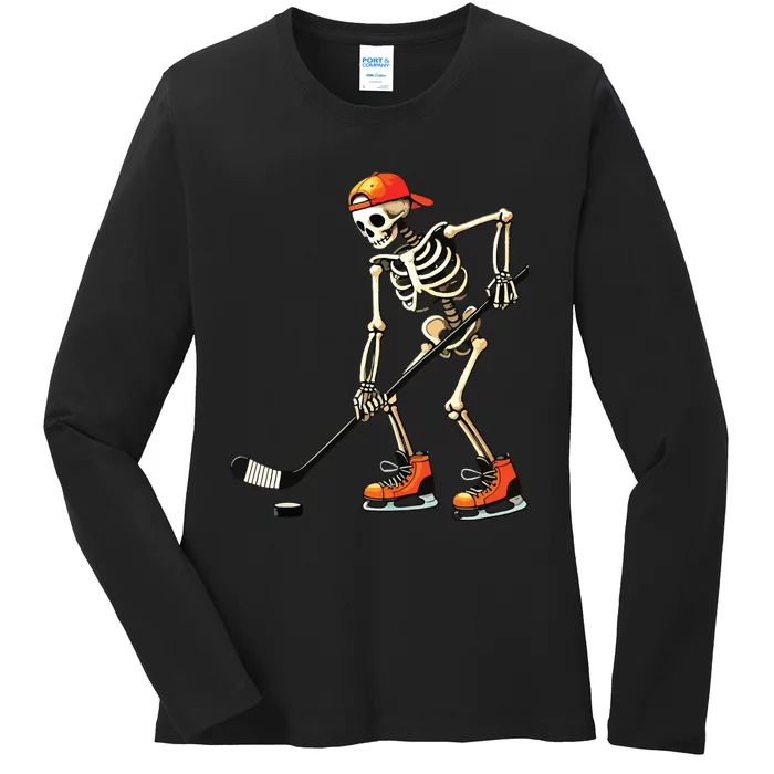 Skeleton Ice Hockey Halloween Ladies Long Sleeve Shirt