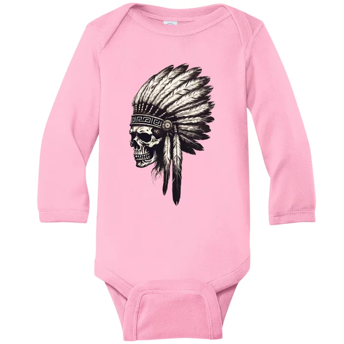 Skull Indian Headdress Skull Chief Indian Skull Baby Long Sleeve Bodysuit