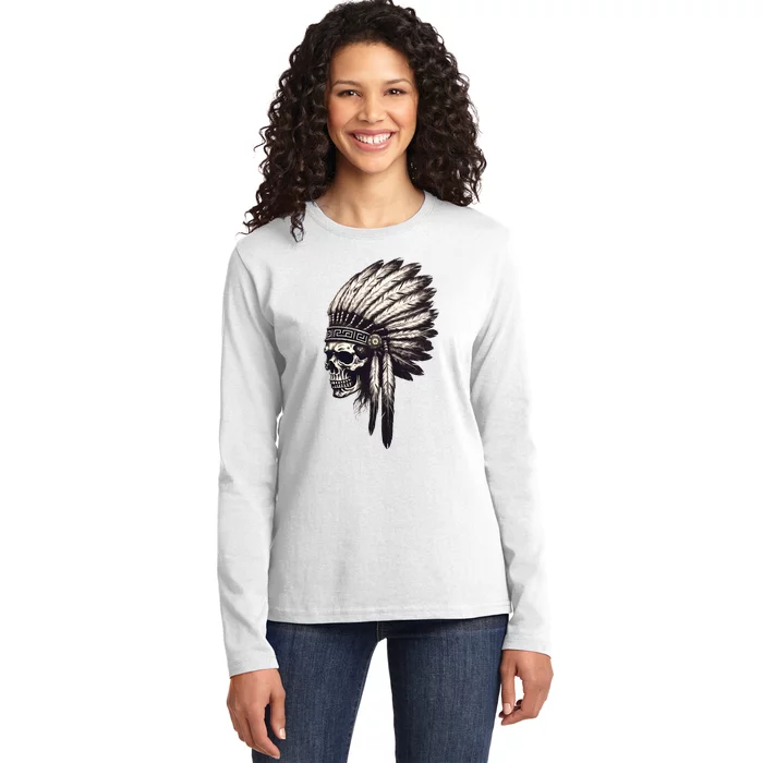 Skull Indian Headdress Skull Chief Indian Skull Ladies Long Sleeve Shirt