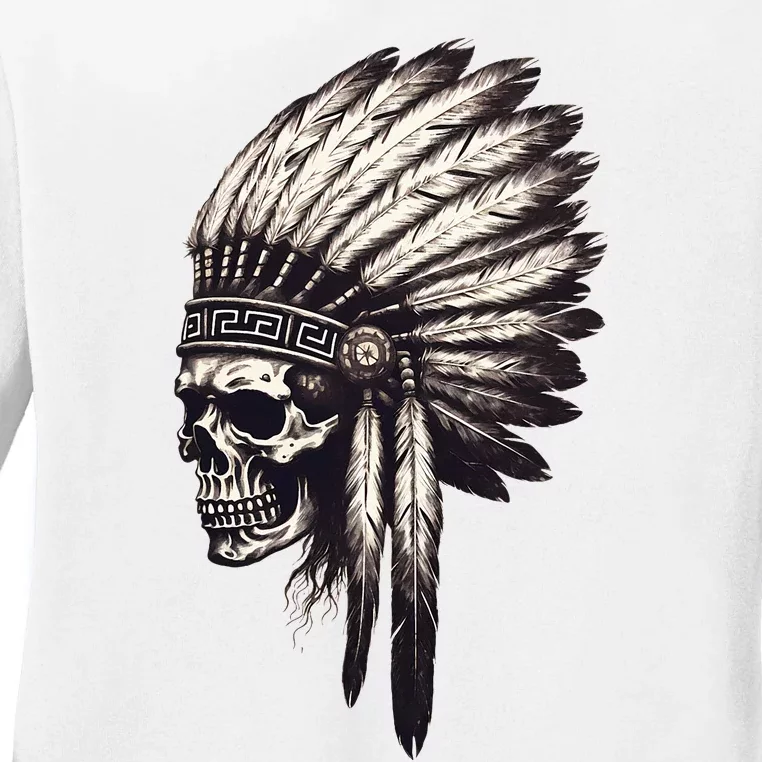 Skull Indian Headdress Skull Chief Indian Skull Ladies Long Sleeve Shirt