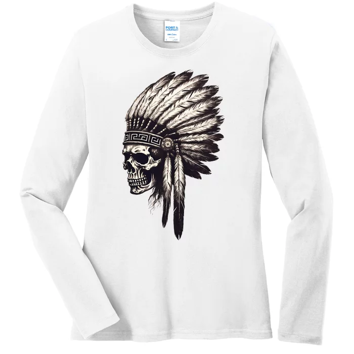 Skull Indian Headdress Skull Chief Indian Skull Ladies Long Sleeve Shirt