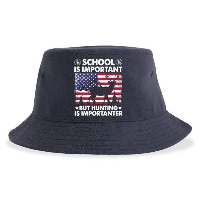 School Is Important But Hunting Is Importanter Funny Hunting Sustainable Bucket Hat