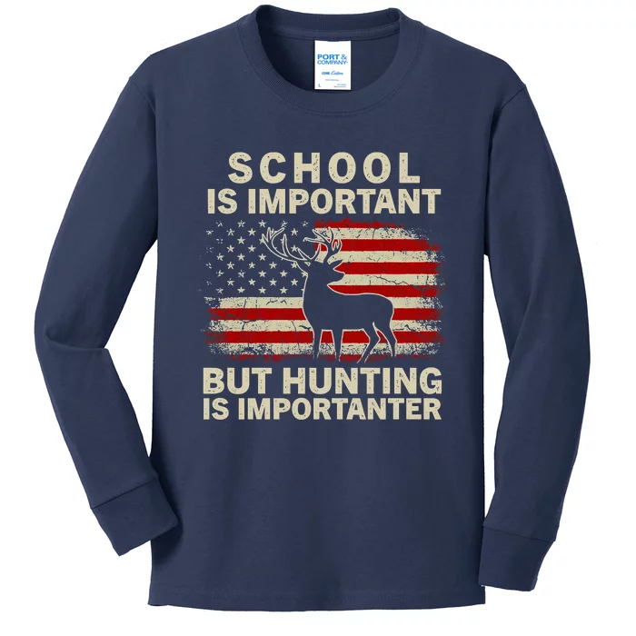 School Is Important But Hunting Is Importanter USA FLag Kids Long Sleeve Shirt