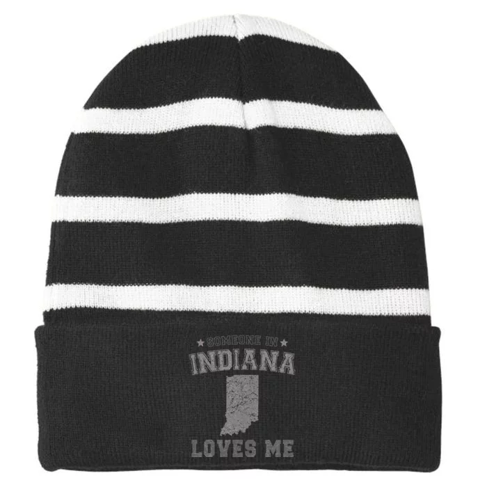 Someone In Indiana Loves Me Heart Vintage State Striped Beanie with Solid Band