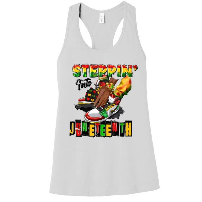 Stepping Into Juneteenth African American Black Shoes Women's Racerback Tank