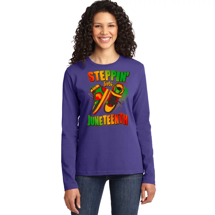 Steppin Into Juneteenth Sneaker Gym Shoes Celebrate Juneteenth Ladies Long Sleeve Shirt