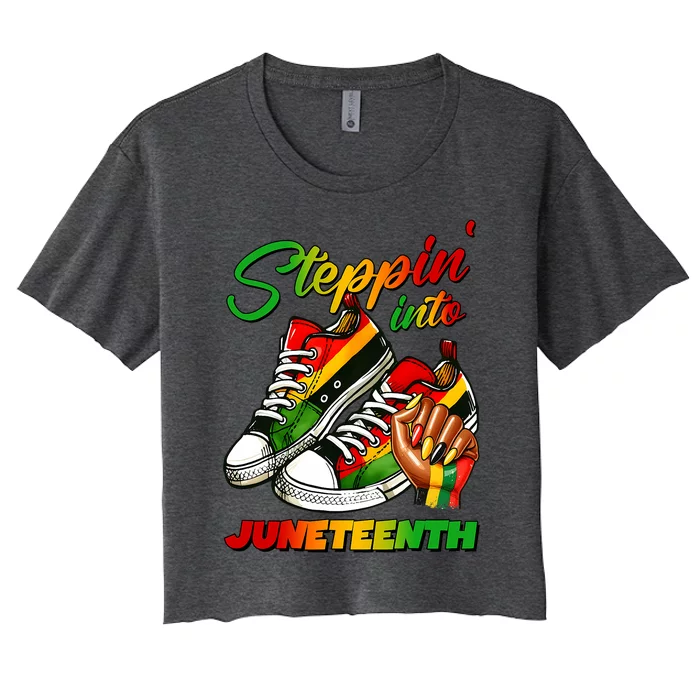 Stepping Into Juneteenth Afro Woman Black Sneakers Women's Crop Top Tee