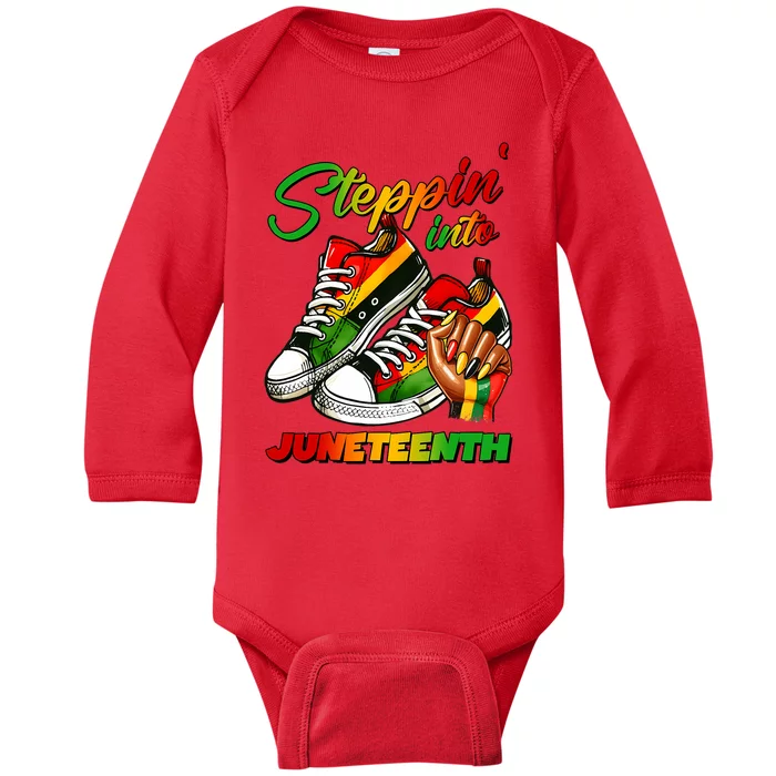 Stepping Into Juneteenth Afro Woman Black Sneakers Baby Long Sleeve Bodysuit