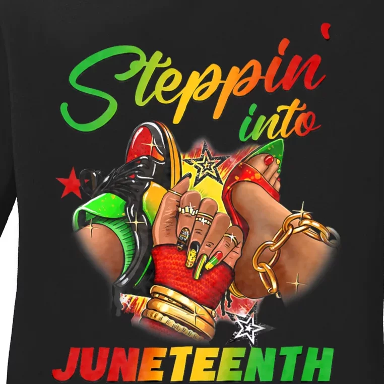 Stepping Into Juneteenth Afro Woman Black Sneakers Ladies Long Sleeve Shirt