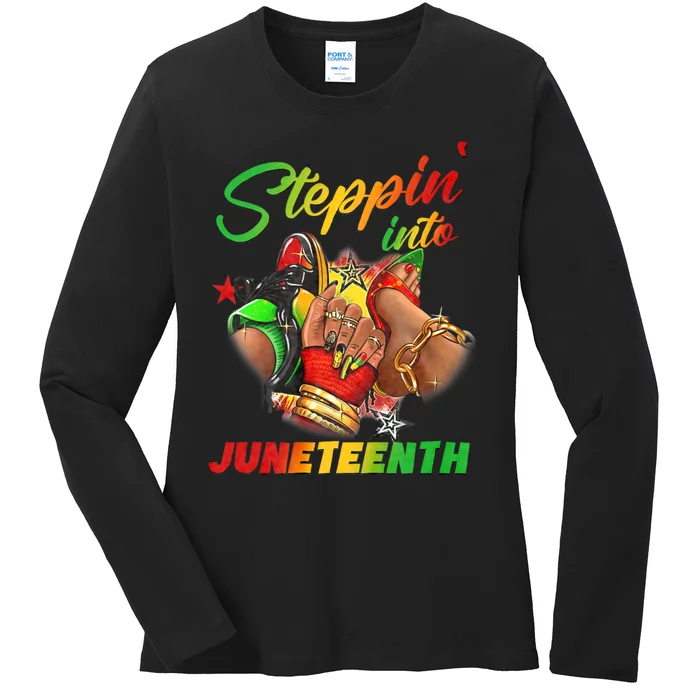 Stepping Into Juneteenth Afro Woman Black Sneakers Ladies Long Sleeve Shirt