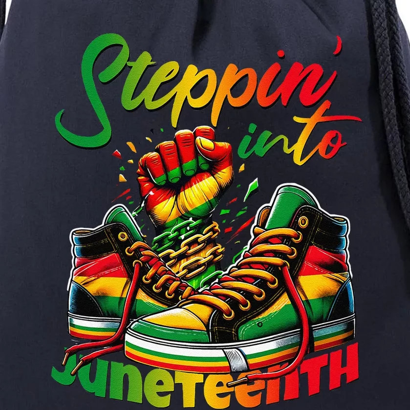 Stepping Into Juneteenth Afro Women Black Drawstring Bag