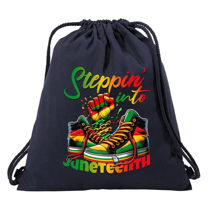 Stepping Into Juneteenth Afro Women Black Drawstring Bag